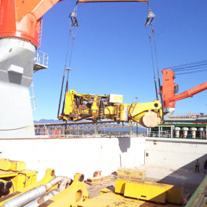 Global relocation project of Komatsu 830E, truck body being moves from cargo ship